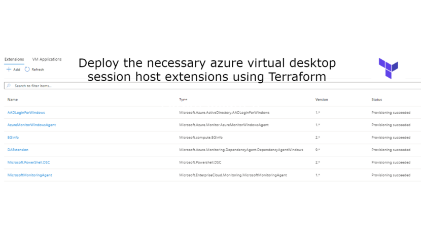 Deploy the necessary Azure Virtual Desktop session host extensions using Terraform