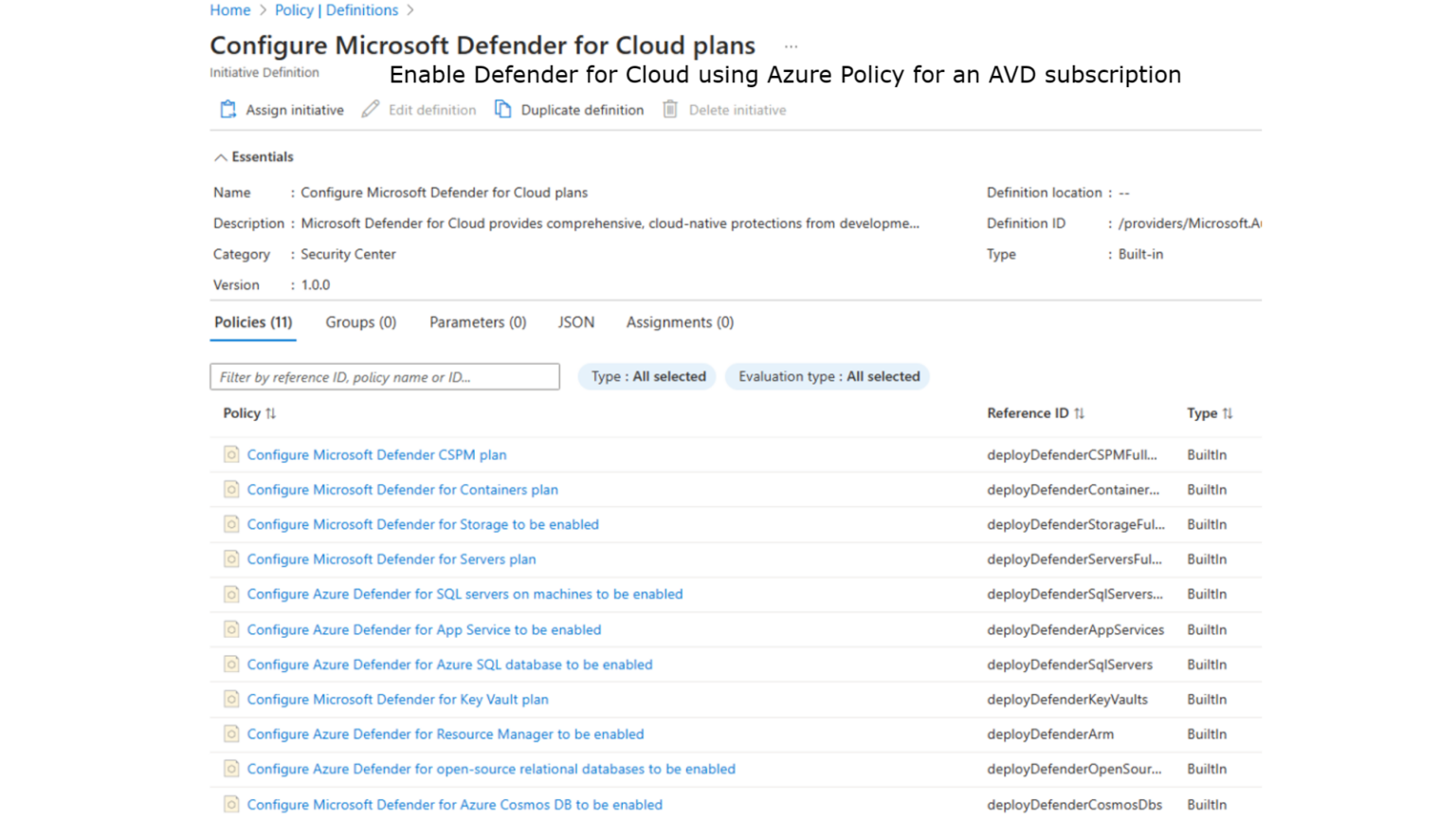 Enable Defender for Cloud using Azure Policy for an AVD subscription ...